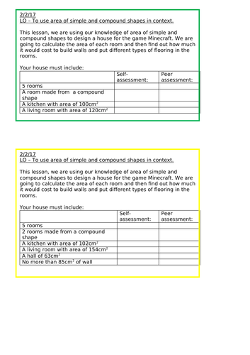 Design a Mine Craft house using compound area and perimeter