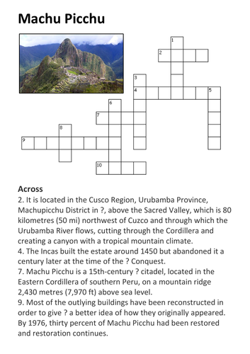Machu Piccu Crossword