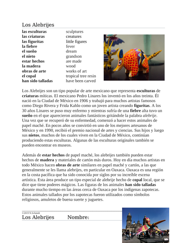 Alebrijes Lectura Cultural: Mexican Folk Art Cultural Reading in Spanish