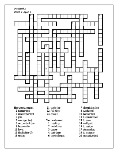 D'accord 2 Unité 5 Leçon B Crossword