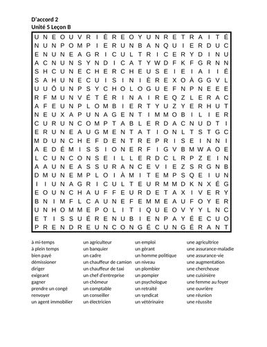 D'accord 2 Unité 5 Leçon B Wordsearch