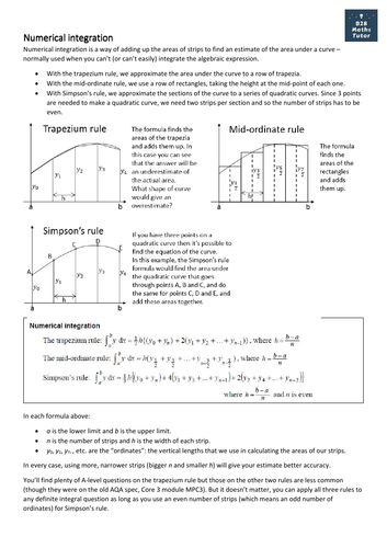 Numerical integration handout: trapezium rule, mid-ordinate rule, Simpson's rule