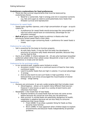 Psychology A-Level AQA 7181/7182 (New) - Eating Behaviour Notes