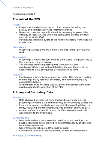 Psychology A-Level AQA 7181/7182 (New) - Research Methods Notes