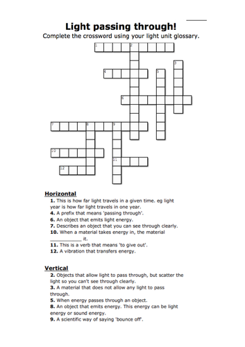 Light passing through (crossword) Teaching Resources