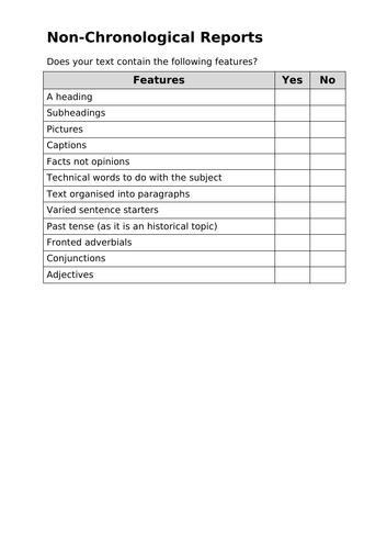 Non-Chronological Report Checklist