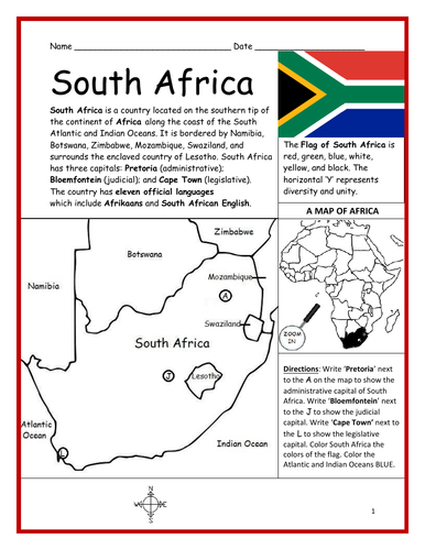 SOUTH AFRICA - Introductory Geography Worksheet
