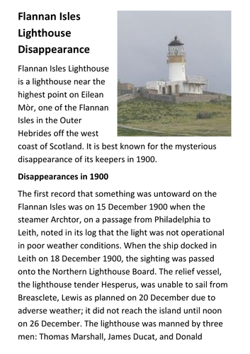 Flannan Isles Lighthouse Disappearance (The Vanishing) Handout