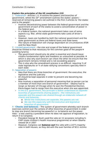 Edexcel Government and Politics - US Constitution and President Short Answer Essay Plans