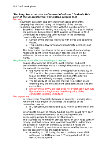 Edexcel Government and Politics - US Elections and Voting Long Answer Essay Plans