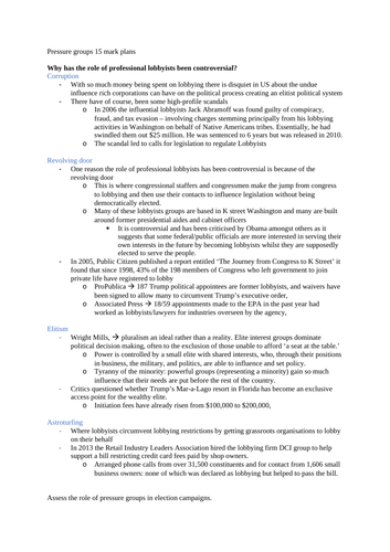 Edexcel Government and Politics -  US Pressure Groups Short Answer Essay Plans
