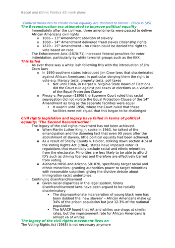 Edexcel Government and Politics - US Racial and Ethnic politics Long Answer Essay Plans