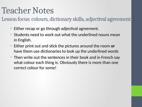 Y7 Colours, Adjectival Agreement, Dictionary Task