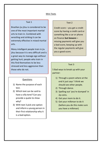 Mini text comprehension for functional skills