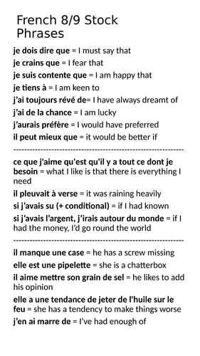 French 8/9 Stock Phrases & idioms