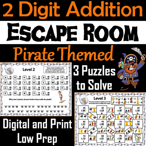 Double Digit Addition With & Without Regrouping: Pirate Themed Escape Room Math