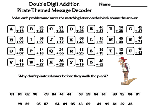 Double Digit Addition With Regrouping: Pirate Themed Math Message Decoder