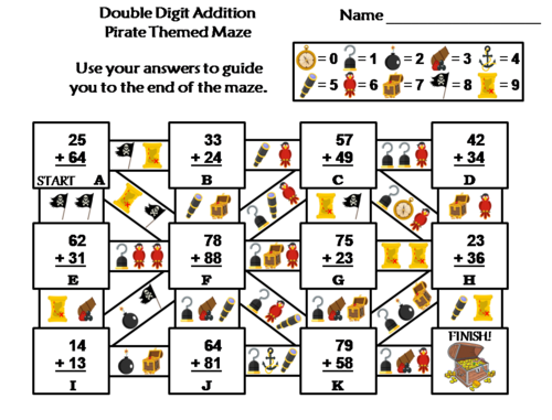 Double Digit Addition With and Without Regrouping Pirate Themed Math Maze