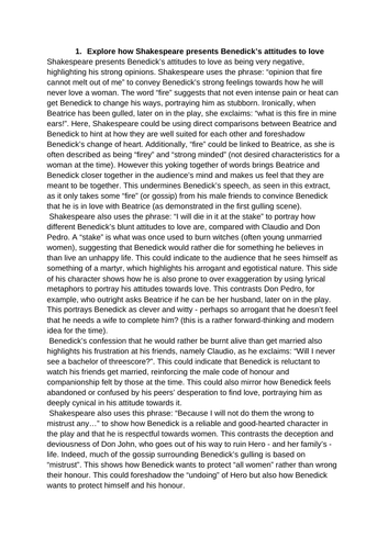 Explore how Shakespeare presents Benedick’s attitudes to love