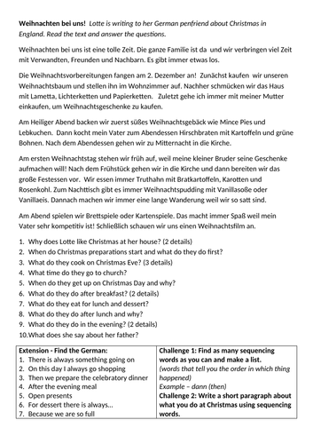 Weihnachten bei uns reading comprehension German GCSE Unit 4 Customs and Festivals