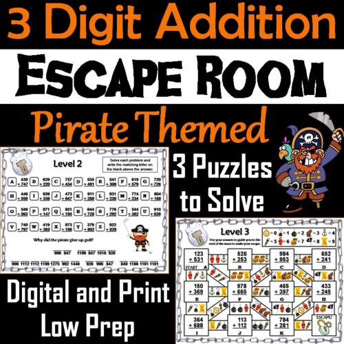 Triple Digit Addition With and Without Regrouping Pirate Themed Escape Room Math