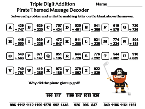 3 Digit Addition With Regrouping Pirate Themed Math Activity: Message Decoder