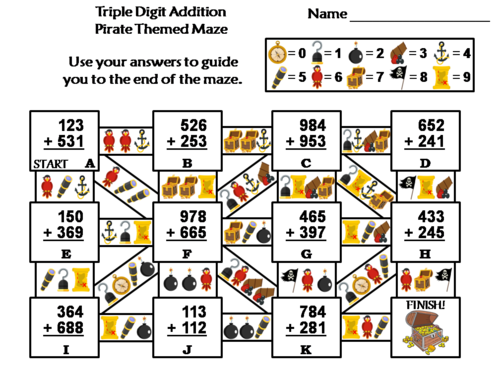 Triple Digit Addition With Regrouping Pirate Themed Math Maze