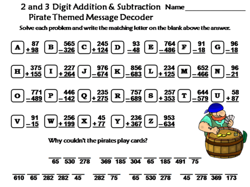 2 and 3 Digit Addition & Subtraction With Regrouping Pirate Themed Math Activity