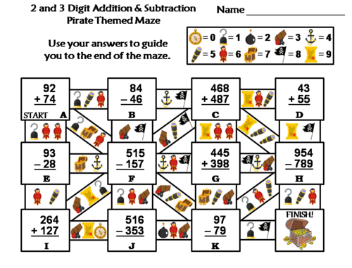 2 and 3 Digit Addition and Subtraction With Regrouping Pirate Themed Math Maze