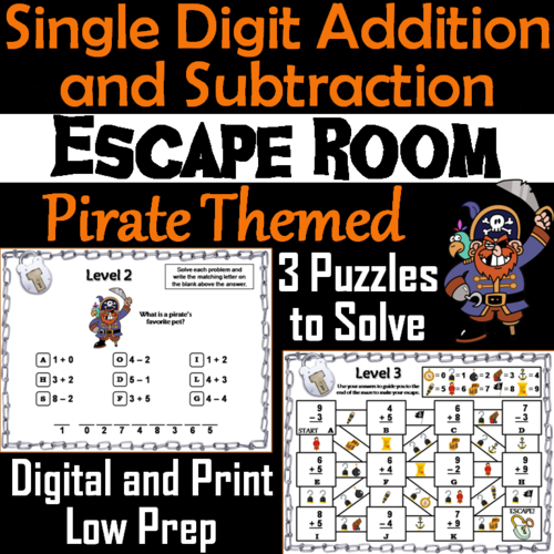 Single Digit Addition and Subtraction Game: Pirate Themed Escape Room Math