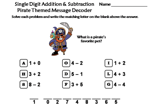 Single Digit Addition & Subtraction Activity: Pirate Themed Math Message Decoder