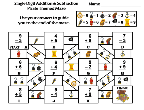 Single Digit Addition and Subtraction Activity: Pirate Themed Math Maze