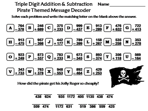 Triple Digit Addition & Subtraction Activity: Pirate Themed Math Message Decoder