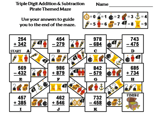 Triple Digit Addition & Subtraction Activity: Pirate Themed Math Maze