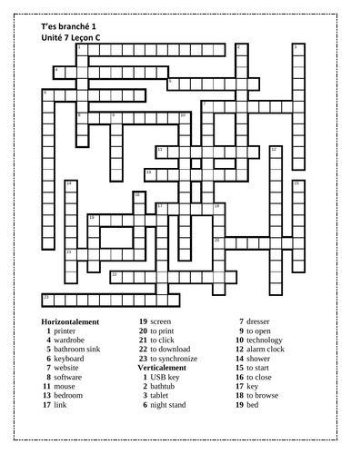 T'es branché 1 Unité 7 Leçon C Crossword