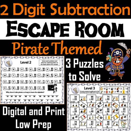 Double Digit Subtraction With and Without Regrouping: Pirate Themed Escape Room