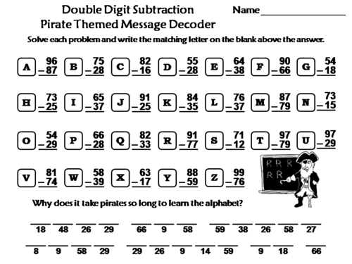 Double Digit Subtraction Activity: Pirate Themed Math Message Decoder