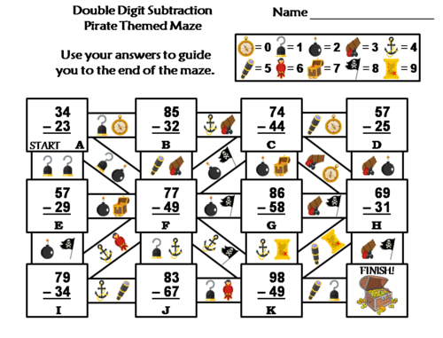 Double Digit Subtraction Activity: Pirate Themed Math Maze