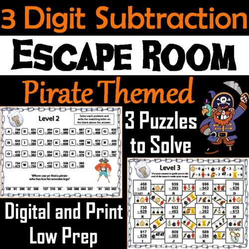 Triple Digit Subtraction With and Without Regrouping: Pirate Themed Escape Room