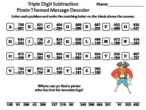 Triple Digit Subtraction Activity: Pirate Themed Math Message Decoder