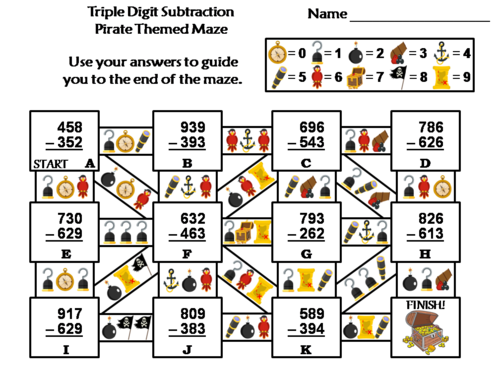 Triple Digit Subtraction Activity: Pirate Themed Math Maze