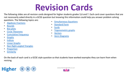 Revision Cards Higher Grades 5 6 7