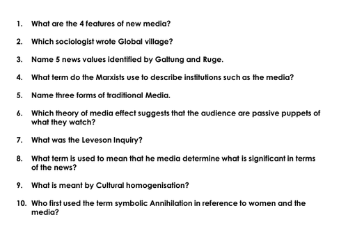 AQA A Level Sociology -  120 Mass Media short answer questions