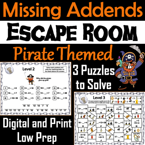 Missing Addends Addition and Subtraction Activity: Pirate Theme Escape Room Math