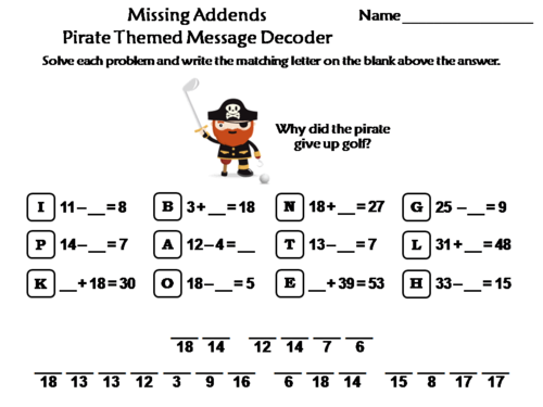 Missing Addends Activity Pirate Themed Math Message Decoder Teaching Resources