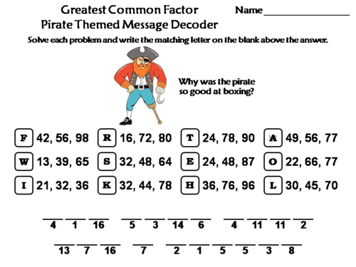 Greatest Common Factor Activity: Pirate Themed Math Message Decoder