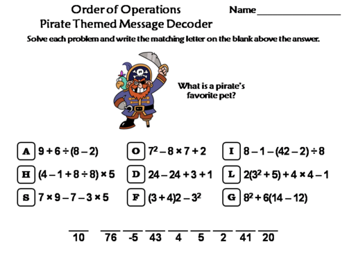 Order of Operations Activity: Pirate Themed Math Message Decoder
