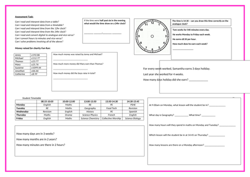 Year 6 Timetable and Tables Assessment Worksheets - Working Towards, Expected and Working Above