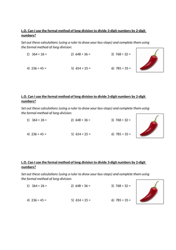 Year 6: Long Division Differentiated Worksheets - Dividing 3-digit nos and 4-digit nos by 2-digit no