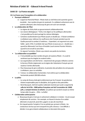 french edexcel a level Unité 10 La France occupée, revision notes, summary, stats